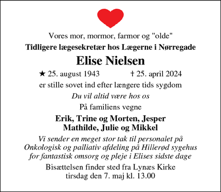 Dødsannoncen for Elise Nielsen - Hundested