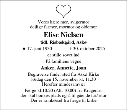 Dødsannoncen for Elise Nielsen - Nykøbing Falster