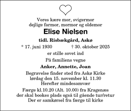 Dødsannoncen for Elise Nielsen - Nykøbing Falster