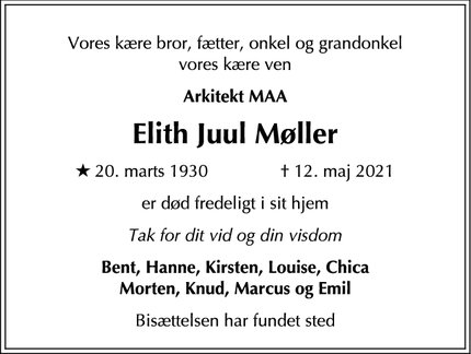 Dødsannoncen for Elith Juul Møller - Gentofte