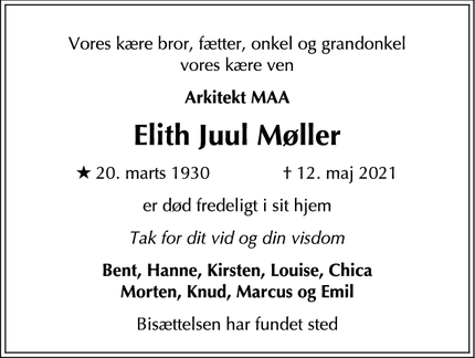 Dødsannoncen for Elith Juul Møller - Gentofte