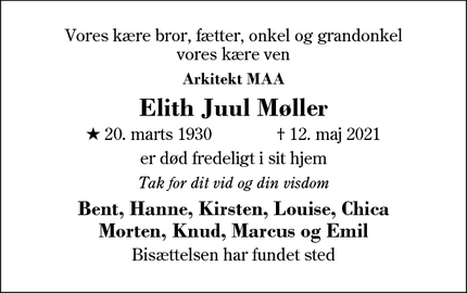 Dødsannoncen for Elith Juul Møller - Gentofte