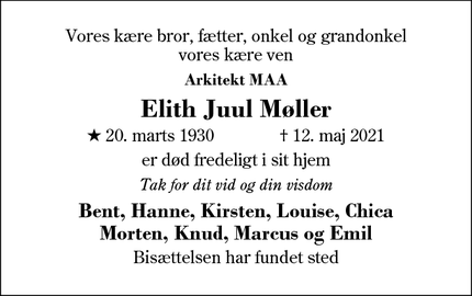 Dødsannoncen for Elith Juul Møller - Gentofte