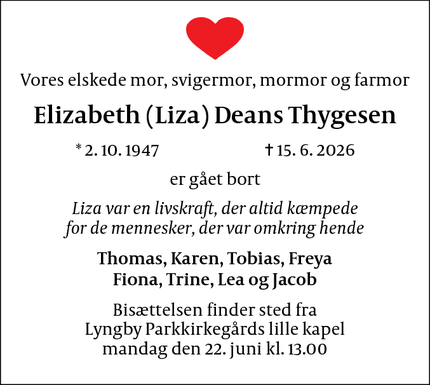 Dødsannoncen for Elizabeth (Liza) Deans Thygesen - Gentofte