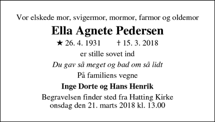 Dødsannoncen for Ella Agnete Pedersen - Horsens