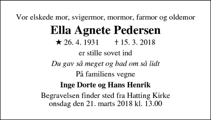 Dødsannoncen for Ella Agnete Pedersen - Horsens
