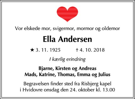 Dødsannoncen for Ella Andersen - Hvidovre
