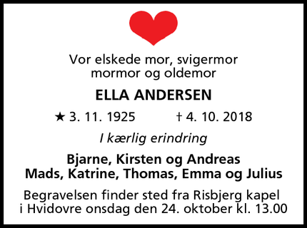 Dødsannoncen for Ella Andersen - Hvidovre