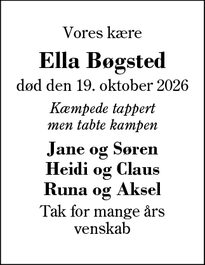 Dødsannoncen for Ella B&oslash;gsted - Herning