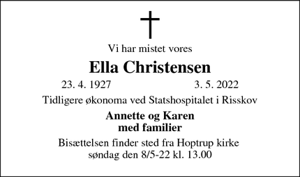 Dødsannoncen for Ella Christensen - Risskov 