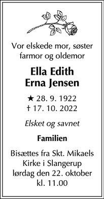 Dødsannoncen for Ella Edith
Erna Jensen - Slangerup