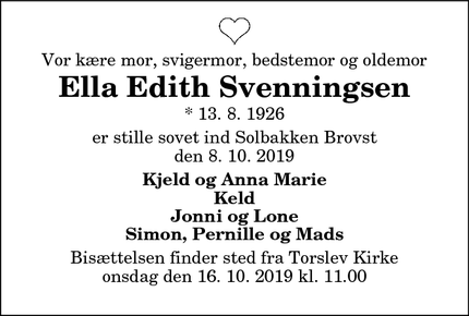 Dødsannoncen for Ella Edith Svenningsen - Brovst