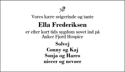 Dødsannoncen for Ella Frederiksen - AULUM