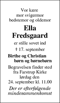 Dødsannoncen for Ella Fredsgaard - Holstebro