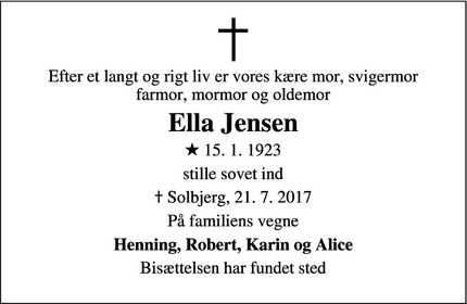 Dødsannoncen for Ella Jensen - Solbjerg