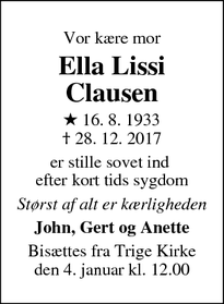 Dødsannoncen for Ella Lissi Clausen - Aarhus