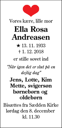 Dødsannoncen for Ella Rosa Andreasen - Esbjerg