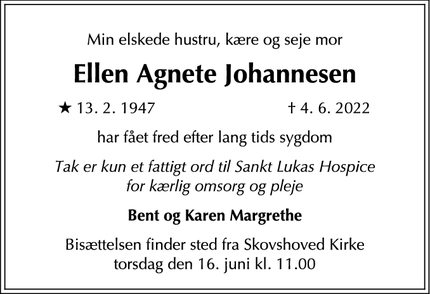 Dødsannoncen for Ellen Agnete Johannesen - Hellerup