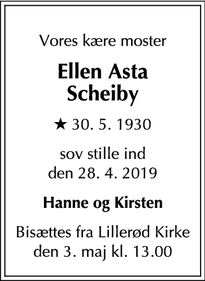 Dødsannoncen for Ellen Asta
Scheiby - Nykøbing F