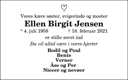 Dødsannoncen for Ellen Birgit Jensen - Frederikshavn
