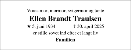 Dødsannoncen for Ellen Brandt Traulsen - Køge