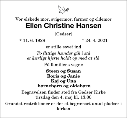 Dødsannoncen for Ellen Christine Hansen - Gedser