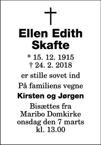 Dødsannoncen for Ellen Edith Skafte - Maribo