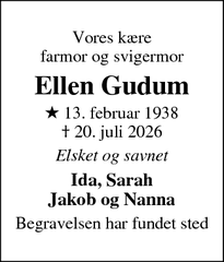 Dødsannoncen for Ellen Gudum - Vejle