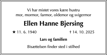 Dødsannoncen for Ellen Hanne Bjersing - Sorø