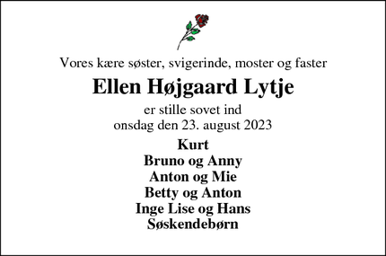 Dødsannoncen for Ellen Højgaard Lytje - Ringkøbing