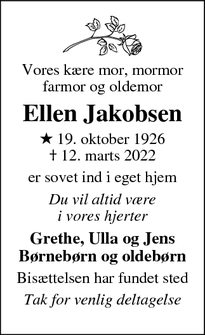 Dødsannoncen for Ellen Jakobsen - Frederikssund
