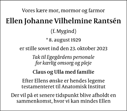 Dødsannoncen for Ellen Johanne Vilhelmine Rantsén - Gladsaxe
