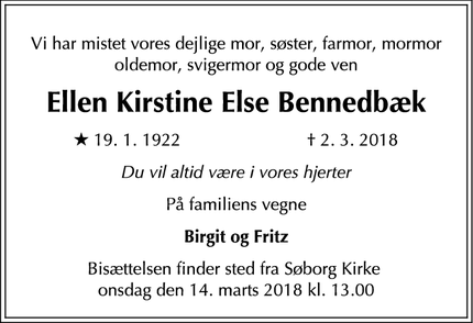 Dødsannoncen for Ellen Kirstine Else Bennedbæk - Søborg