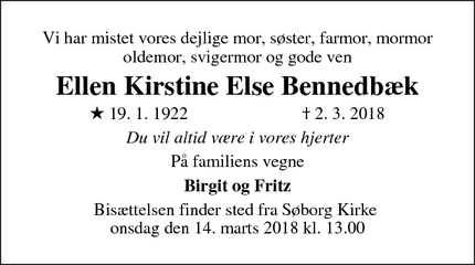 Dødsannoncen for Ellen Kirstine Else Bennedbæk - Søborg