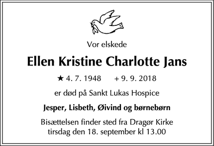 Dødsannoncen for Ellen Kristine Charlotte Jans - Dragør