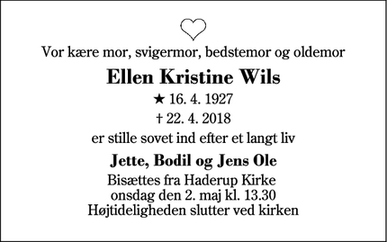 Dødsannoncen for Ellen Kristine Wils - Thisted