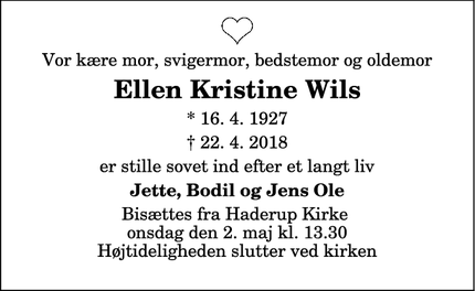 Dødsannoncen for Ellen Kristine Wils - Thisted