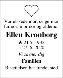 Dødsannoncen for Ellen Kronborg - Gentofte