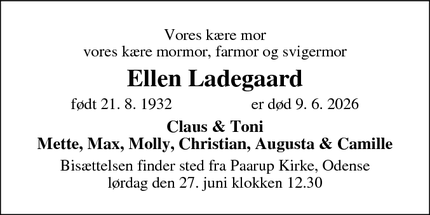 Dødsannoncen for Ellen Ladegaard - København NV