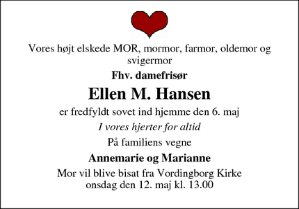Dødsannoncen for Ellen M. Hansen - Vordingborg. 