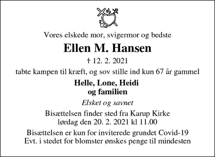 Dødsannoncen for Ellen M. Hansen - Stoholm