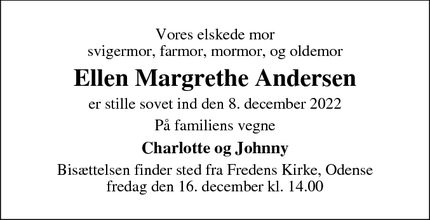 Dødsannoncen for Ellen Margrethe Andersen - Odense