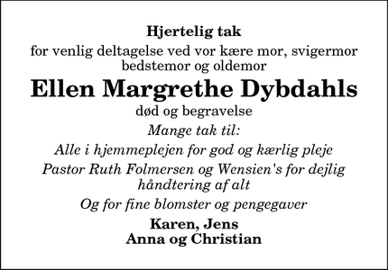 Taksigelsen for Ellen Margrethe Dybdahls  - Snedsted