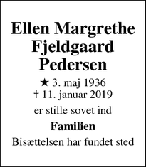 Dødsannoncen for Ellen Margrethe Fjeldgaard Pedersen - Fredericia