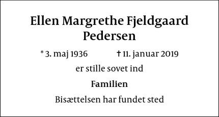 Dødsannoncen for Ellen Margrethe Fjeldgaard Pedersen - Fredericia