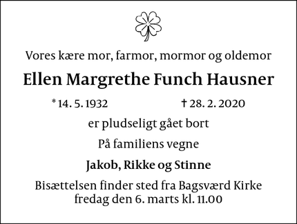 Dødsannoncen for Ellen Margrethe Funch Hausner - Bagsværd