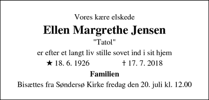 Dødsannoncen for Ellen Margrethe Jensen - Søndersø