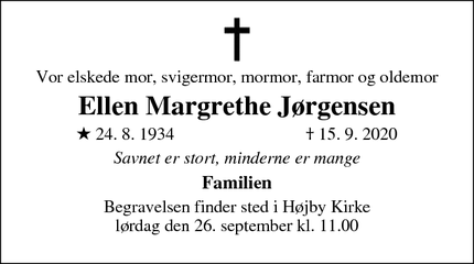 Dødsannoncen for Ellen Margrethe Jørgensen - Højby Sjælland