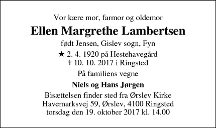 Dødsannoncen for Ellen Margrethe Lambertsen - Gislev