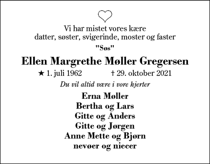 Dødsannoncen for Ellen Margrethe Møller Gregersen - Alslevvej 17, Forum 6715 Esbjerg N
